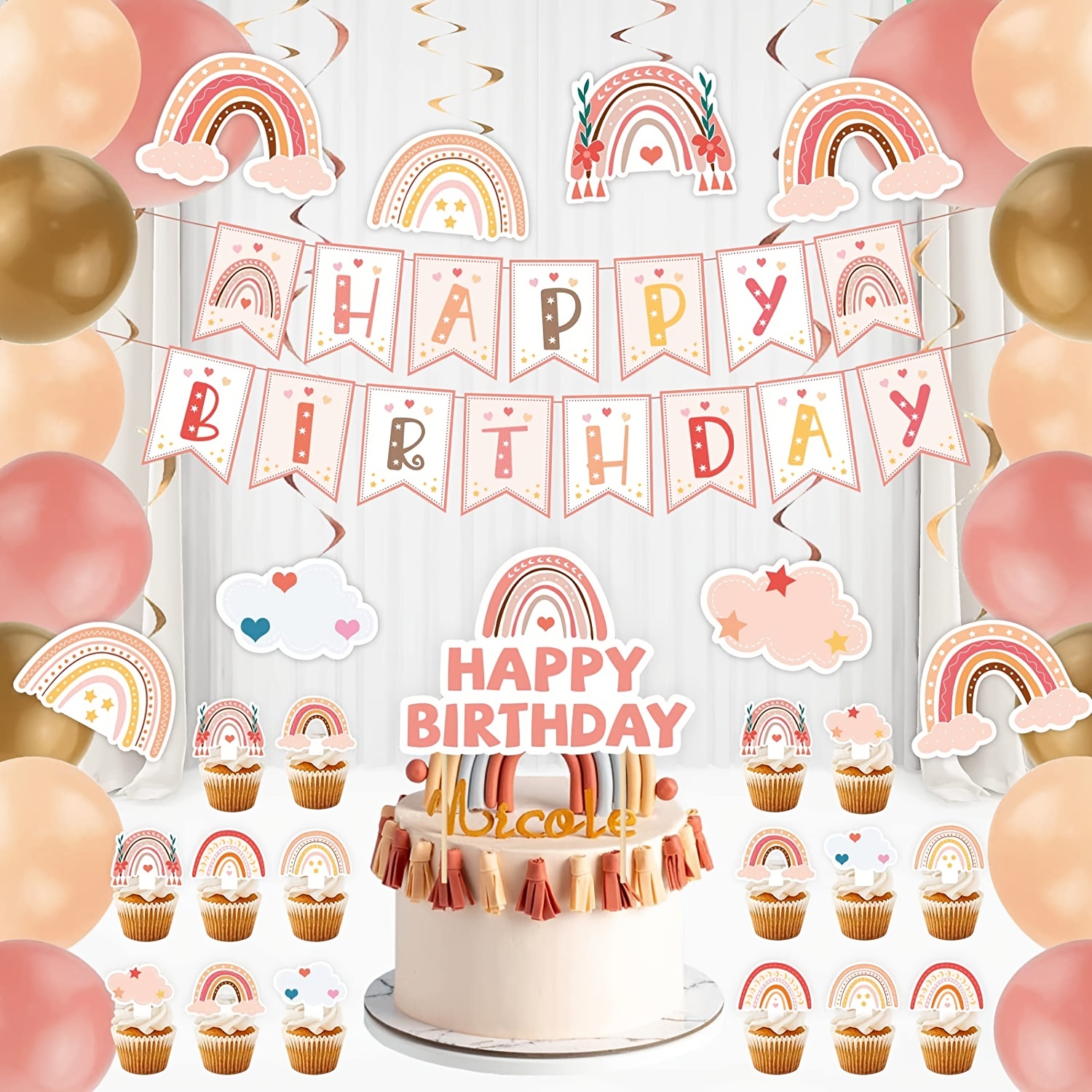 Happy Birthday Decorations for Boy and Girls, Rainbow Happy Birthday Yard Banner and 18pcs Colorful Birthday Latex Balloons for Rainbow Birthday