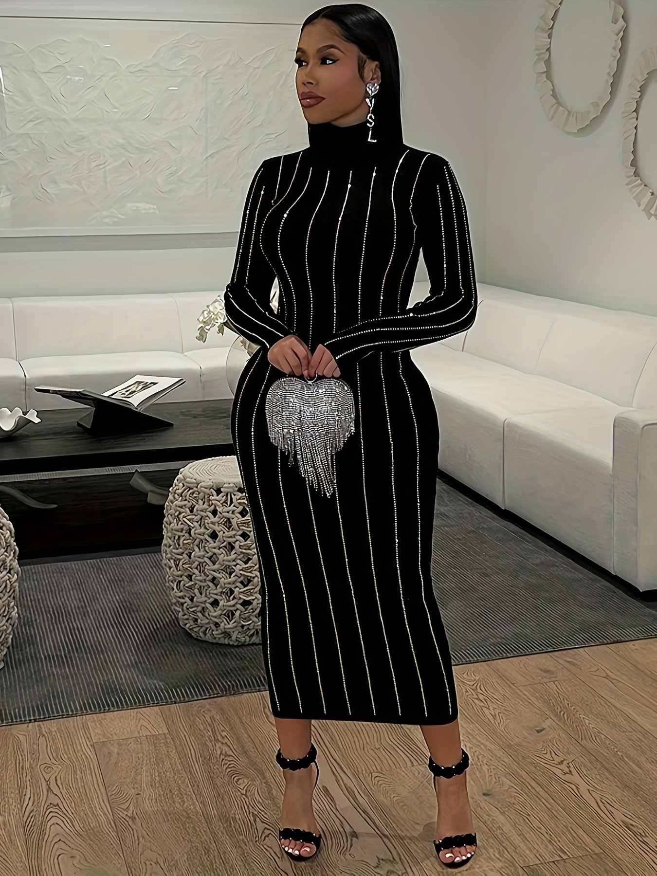 rhinestone long sleeve bodycon black dress elegant high neck solid color party club evening long dresses streetwear for fall winter womens clothing
