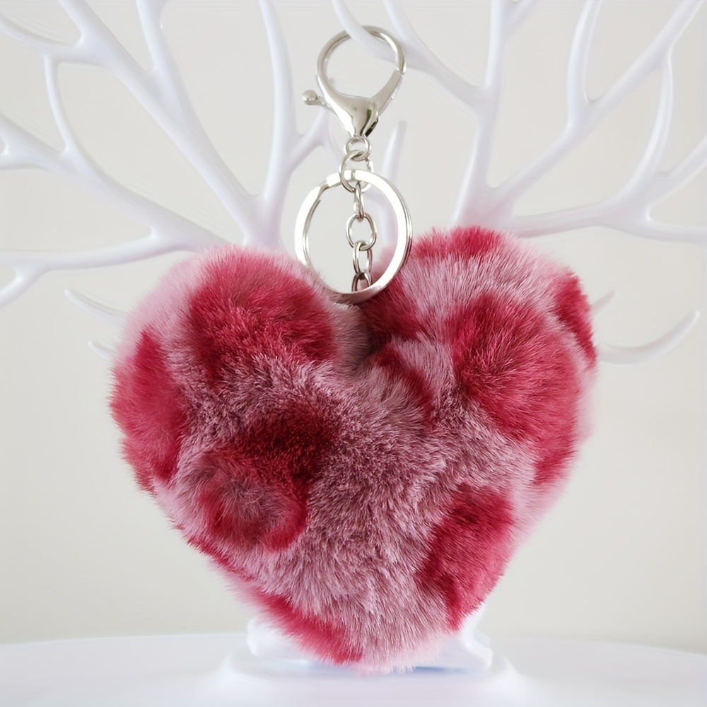 Love Heart Pompom Ball Keychains for Women Purse Bag Charm Pendant