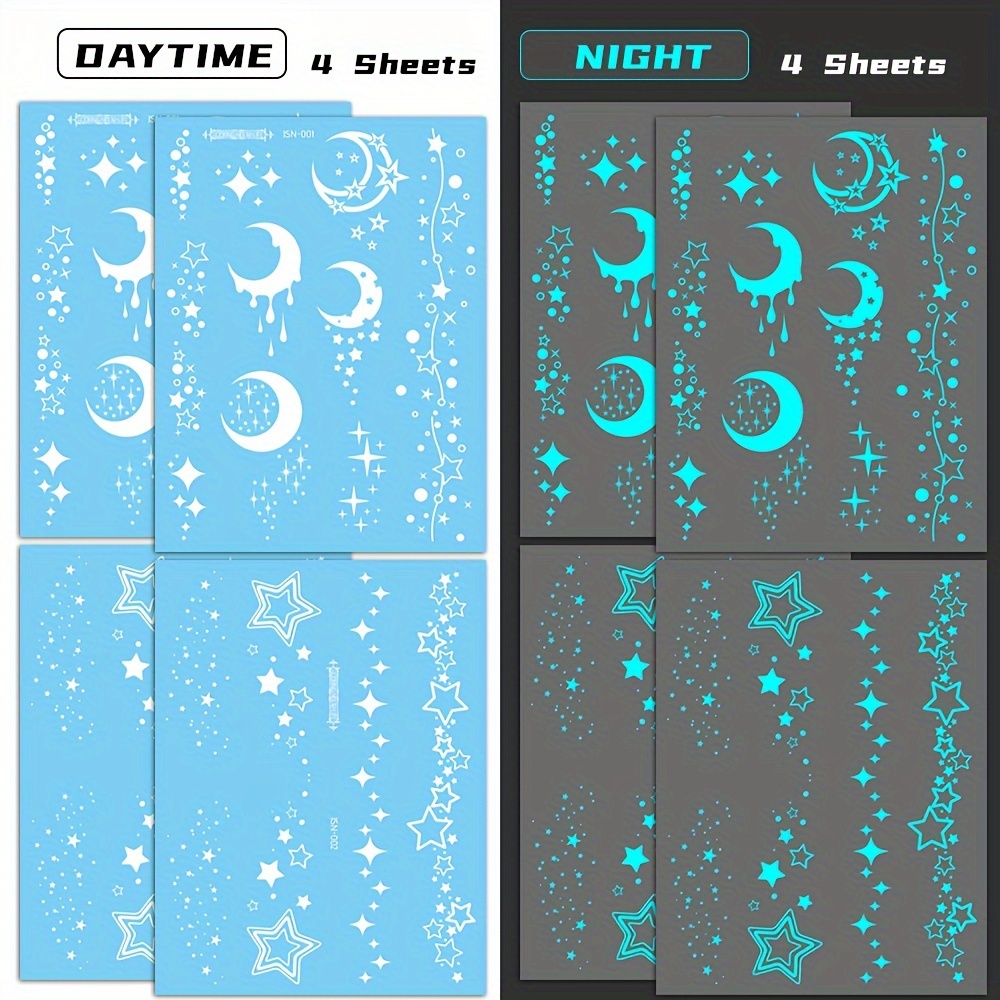 Image of 4 Blue -the- And Star Temporary Tattoos, Star And Moon Bracelets, Necklaces, Fake Tattoos For , Chest, , And Palms, -the-dark Tattoos For Weddings And Music Parties