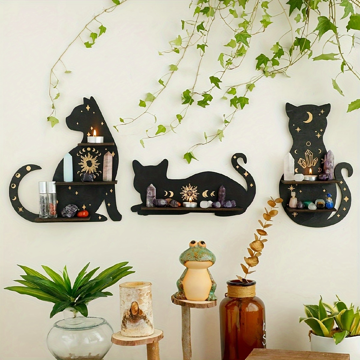 Black Cat Crystal Display Shelf Hooks Floating Moon Cat - Temu