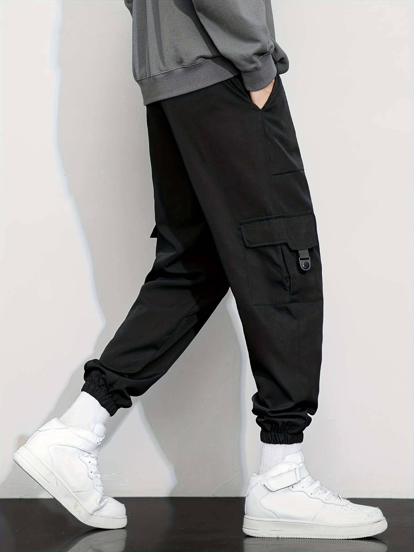 Multi Flap Pockets Cargo Pants, Men's Casual Loose Fit Drawstring Solid  Color With Side Black Straps Design Cargo Pants Joggers For Spring Summer  Outdoor - Temu United Kingdom
