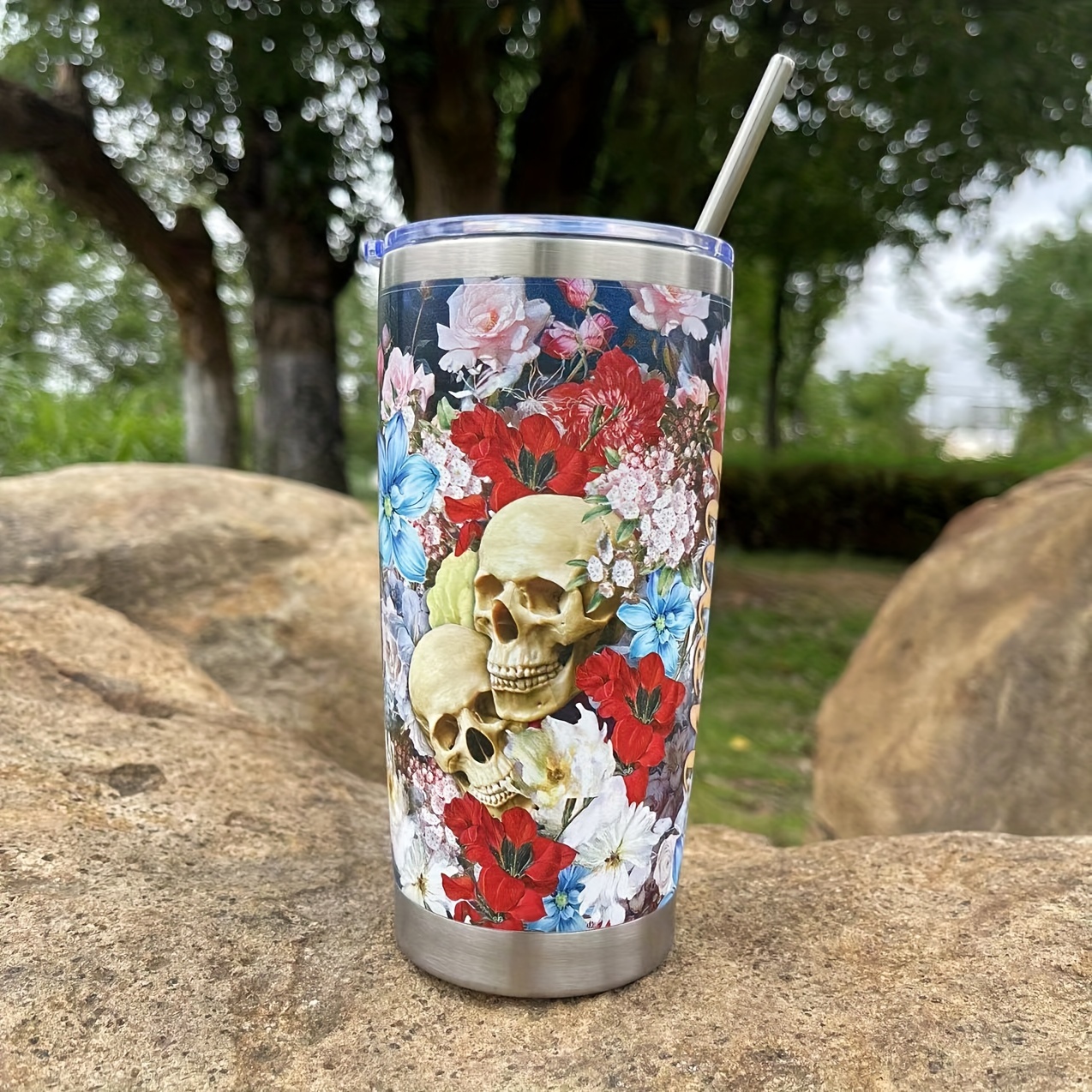 Skull Flower Tumbler With Lid Stainless Steel Water Bottle - Temu