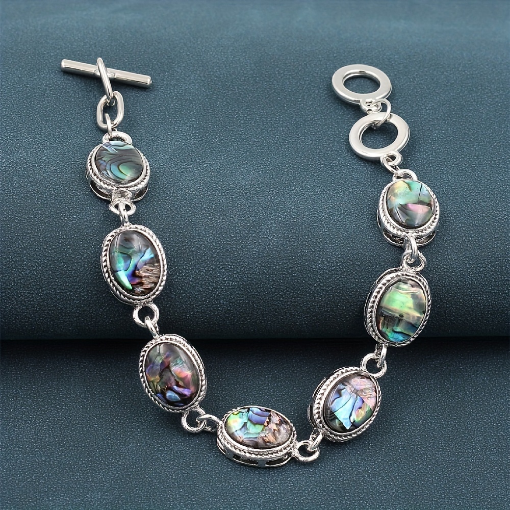 Colorful Vintage Style Oval Natural Abalone Shell Link Charm Bracelet Women's Jewelry Gift