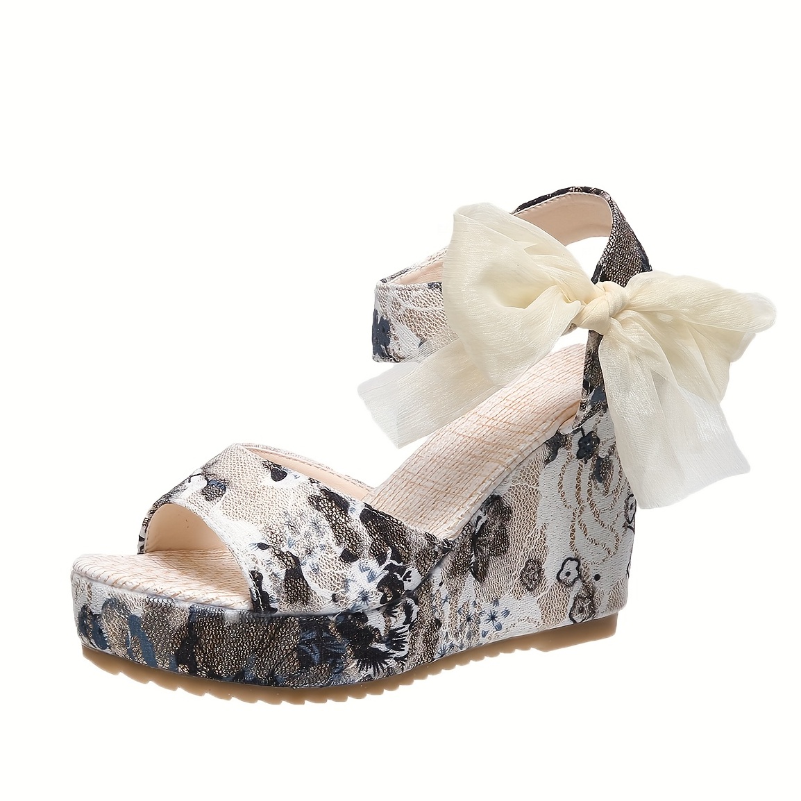 Women's Floral Printed Wedge Sandals, Peep Toe Bow Slingback Platform  Shoes, Versatile Dress Sandals