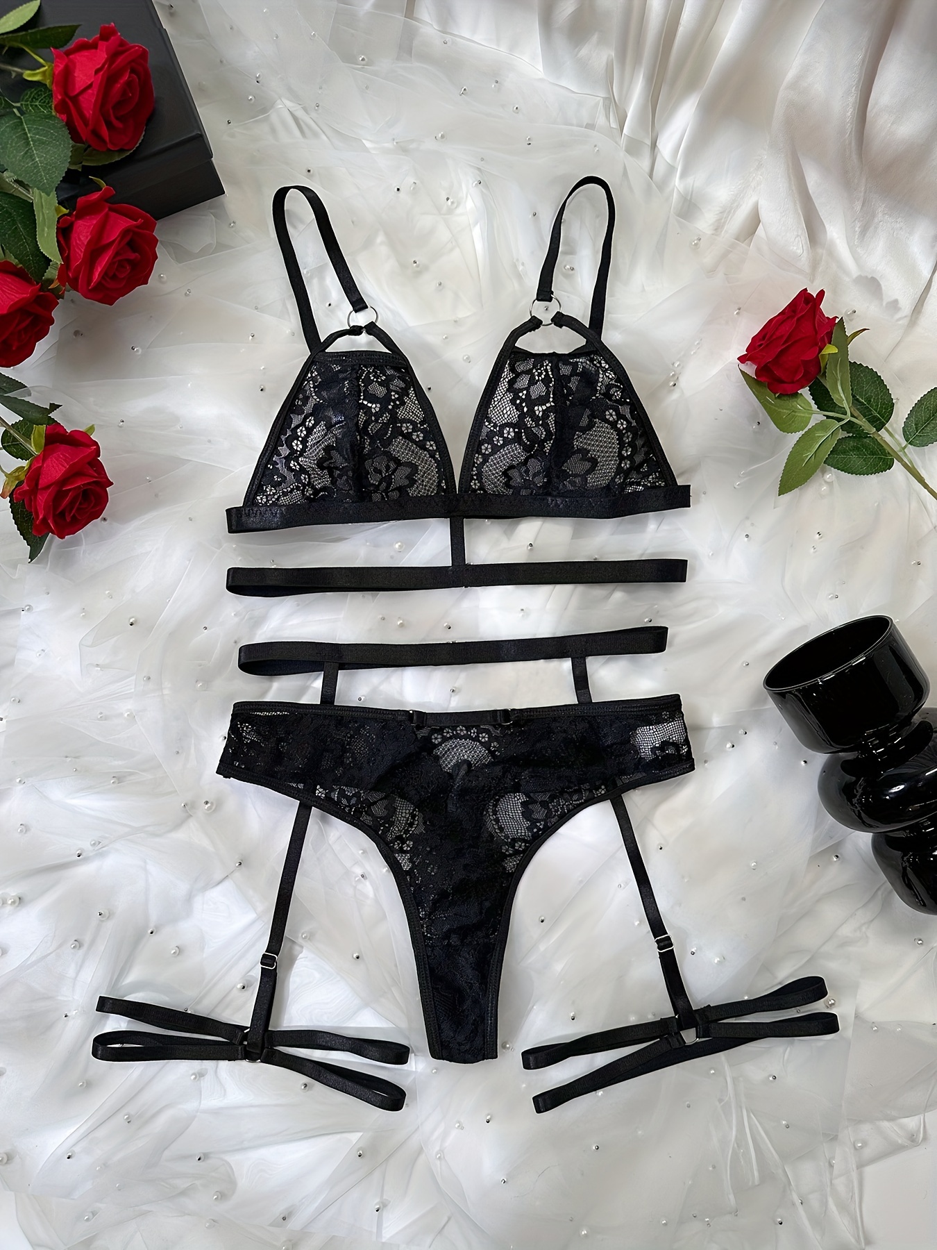 Floral Lace Lingerie Set, Cut Out Intimates Bra & Garter Belt Thong,  Women's Sexy Lingerie & Underwear