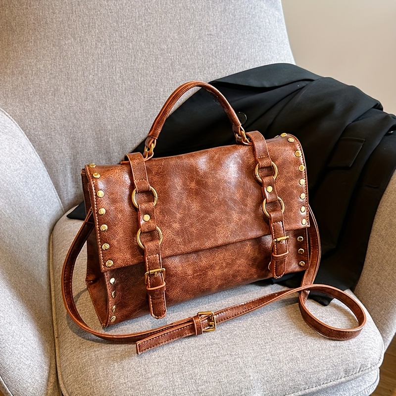 retro rivet decor handbag literary pu leather crossbody bag simple large capacity briefcase bag details 8