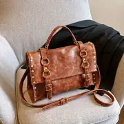 retro rivet decor handbag literary pu leather crossbody bag simple large capacity briefcase bag details 8