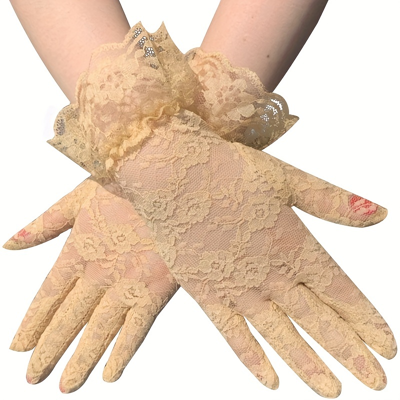 Womens Mesh Fishnet Gloves Black White Lace Bow Gloves Full Finger