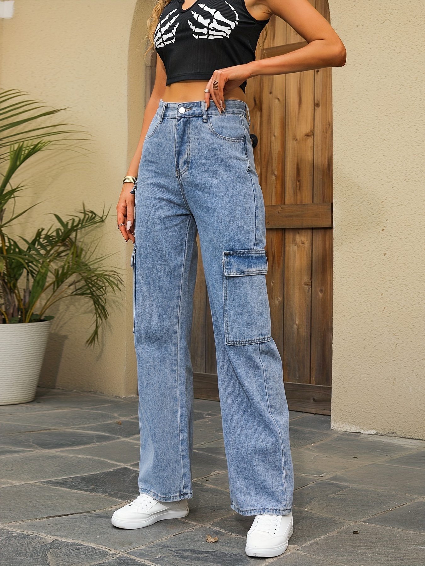 Flap Cargo Pockets High Waist Denim Pants, High * Medium Blue Straight Leg  Jeans, Casual & Trendy, Women's Denim Jeans & Clothing