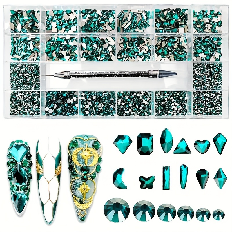 Acrylic Nail Art Kit with Green Rhinestone Gems, Dotting Pen, Tweezers  (2880 Pieces)