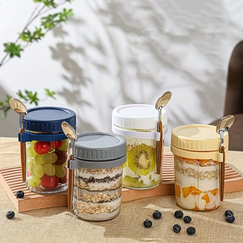 Mason Jar for Overnight Oats - 10oz Oatmeal Glass Containers with Lids and  Wood Spoon, White Canisters, Pack of 2 
