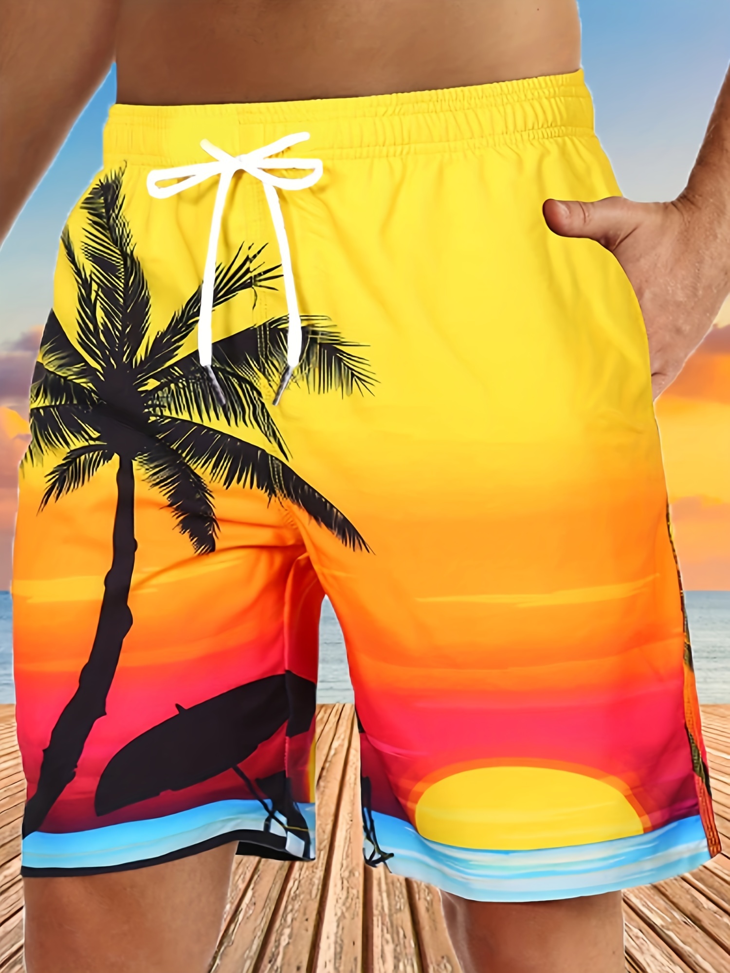 Yellow Beach Print Beach Shorts, Quick-drying Drawstring Swim Trunks, Swim  Shorts For Summer Beach Pool, Men's Swimwear Plus Size