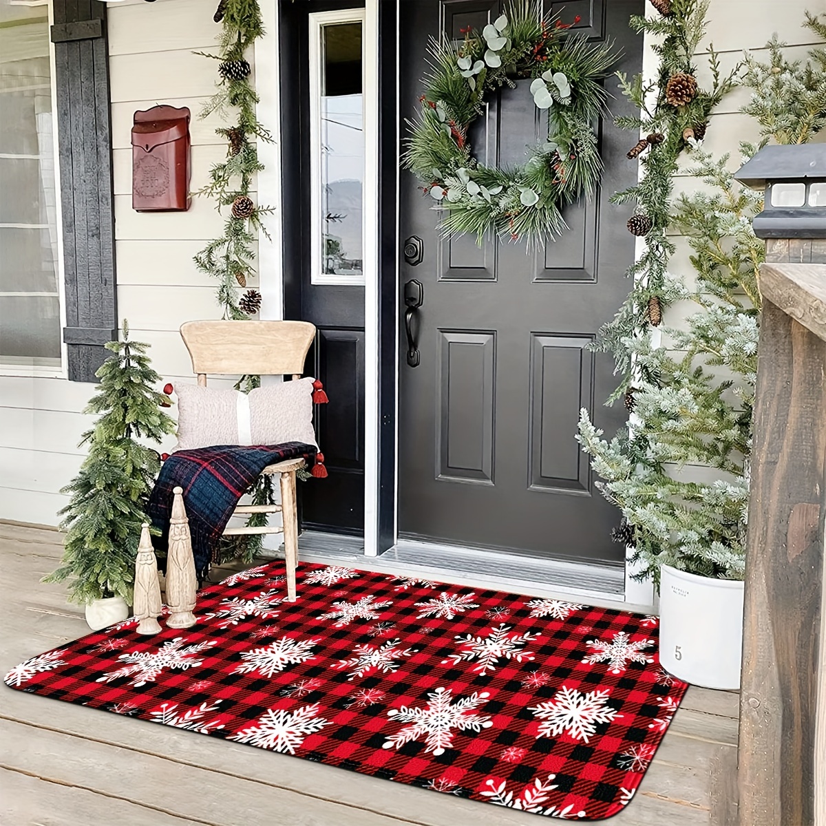 Christmas Door Mat Outdoor for Front Door Decorations , Red Buffalo Plaid  Snowflakes Merry Christmas Doormat,Winter Holiday Welcome Floor Mat Rug