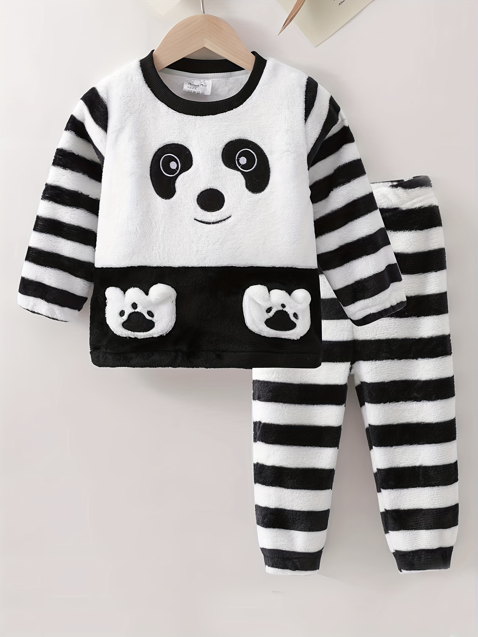 Boy's Panda Outfit Flannel Cute Panda Top Striped Sweatpants - Temu