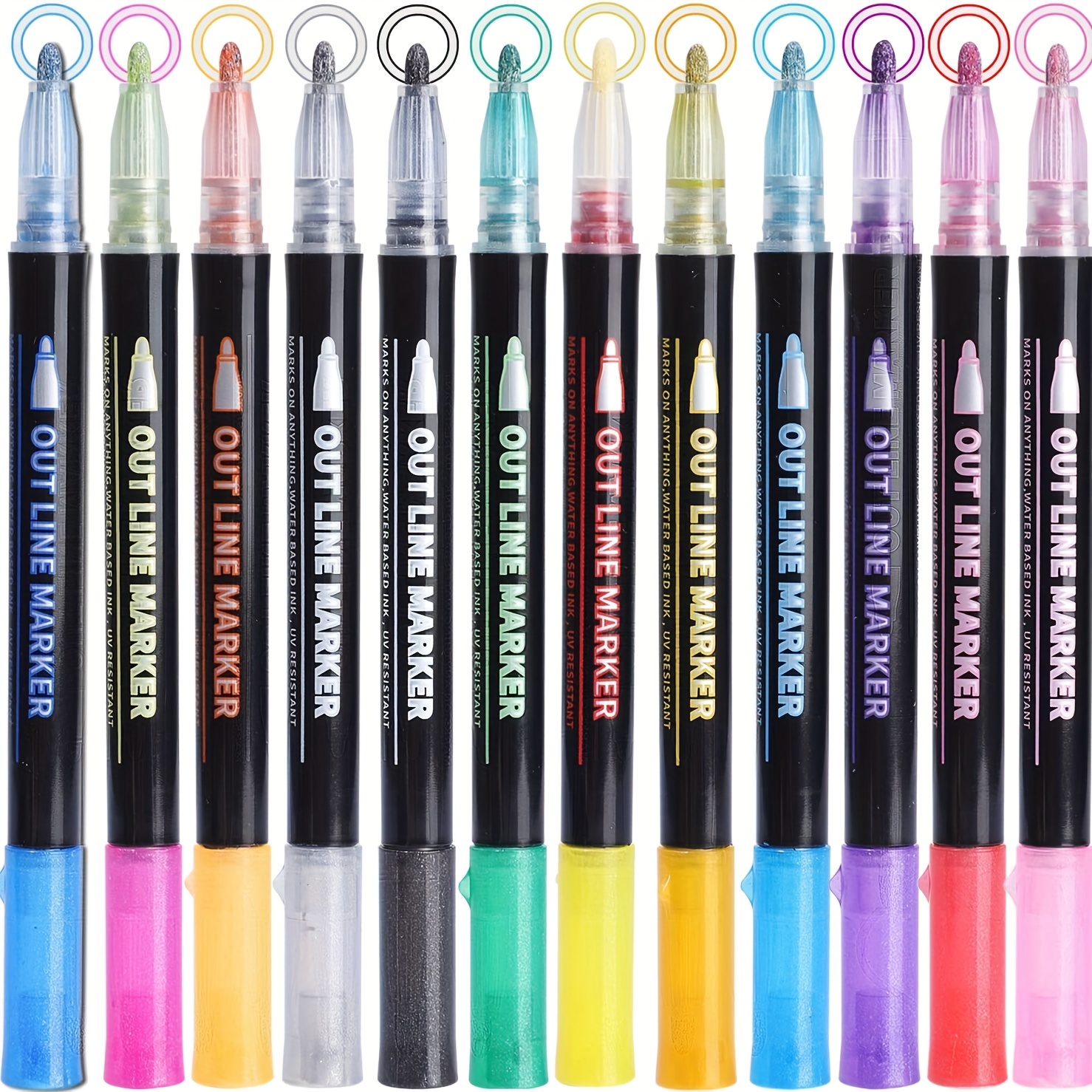 12pcs Outline Pens - Double Line Outline Marker 12 Colors Squiggles Shimmer  Marker Metallic Marker Pens Glitter Writing Drawing Pe 