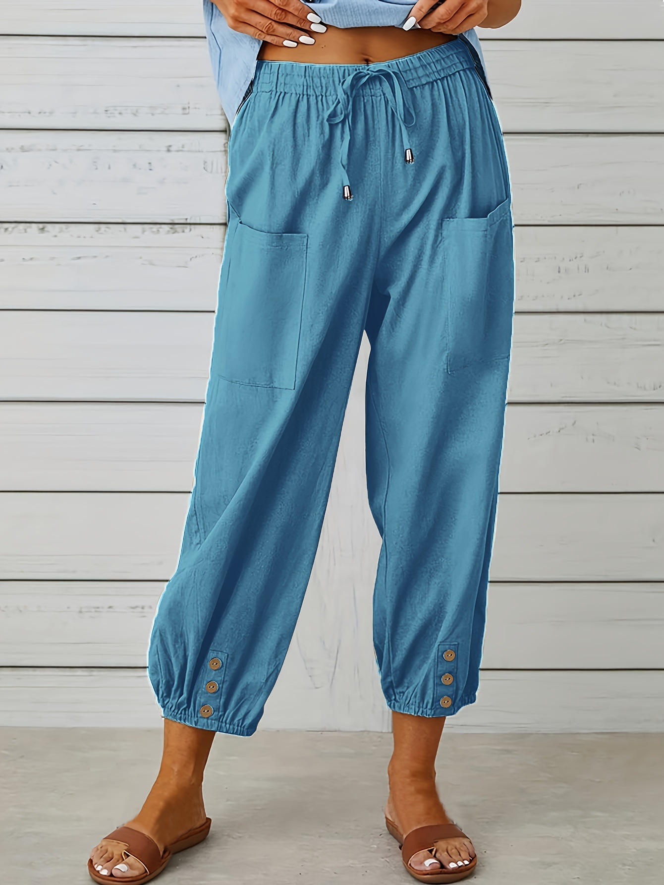 Plus Size Casual Pants Women's Plus Plain Button Decor Roll - Temu