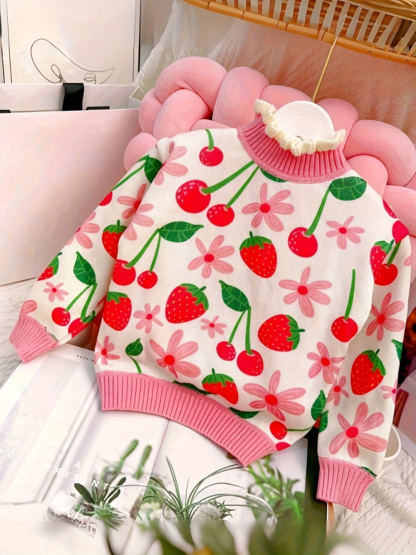 Girls' Frill Collar Strawberry Blossom Pattern Knitted Sweater Pullover,  Stylish & Warm Jumper Tops For Fall / Winter