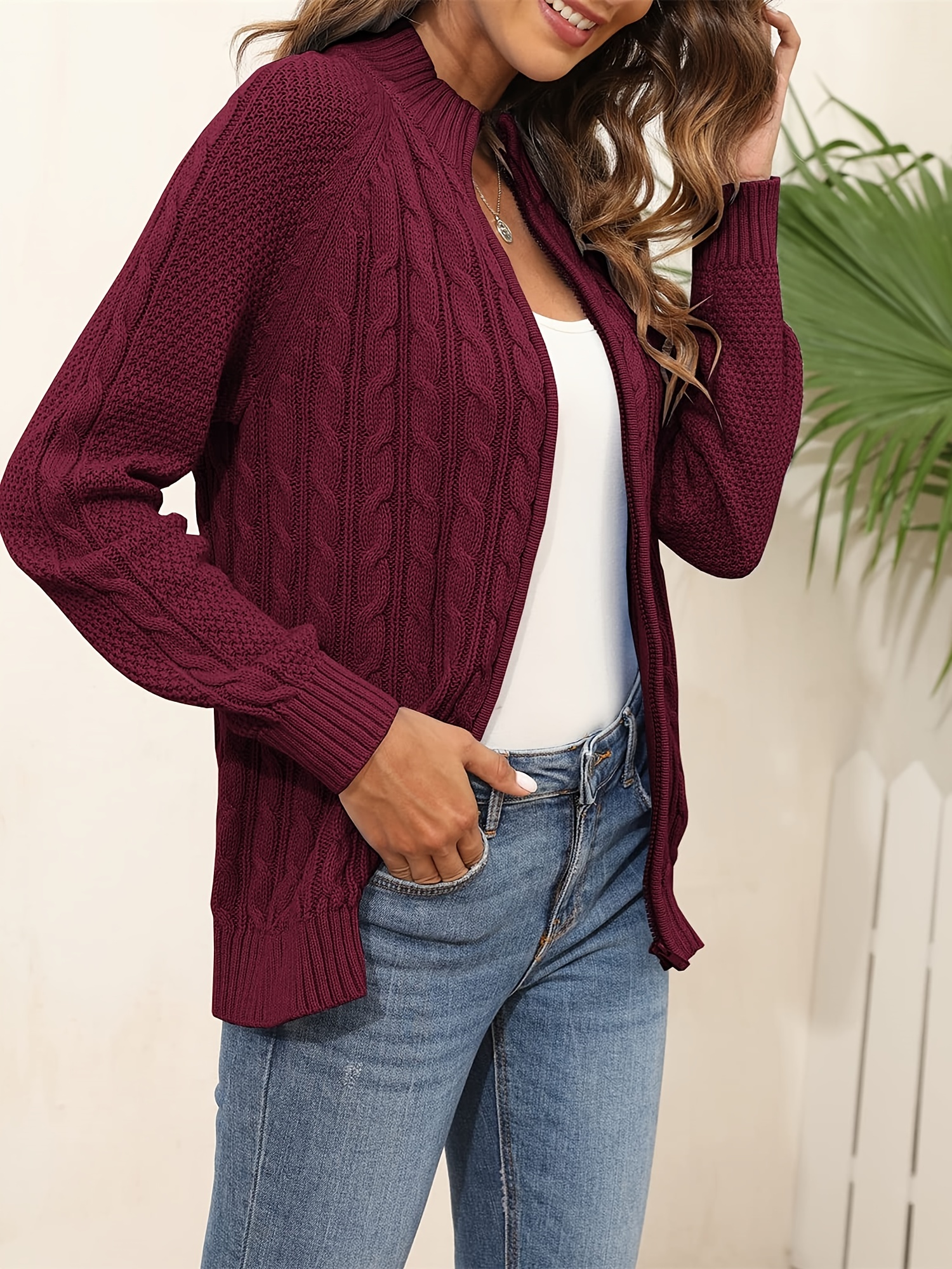 Burgundy cable knit on sale cardigan