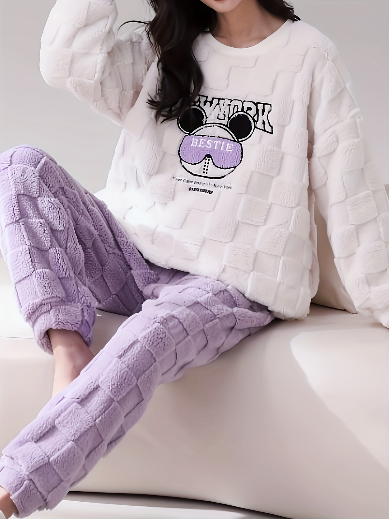 Casual Cartoon & Letter Print Fleece Jacquard Pajama Set, Long Sleeve Crew  Neck Top & Joggers, Women's Loungewear & Sleepwear