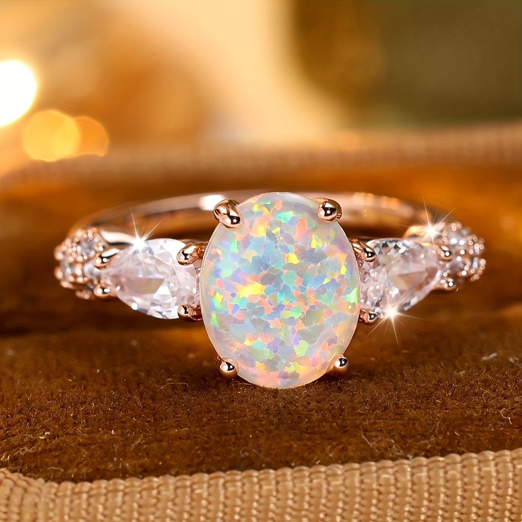 

White Oval Opal Wedding Ring Elegant Engagement Ring Wedding Band Jewelry