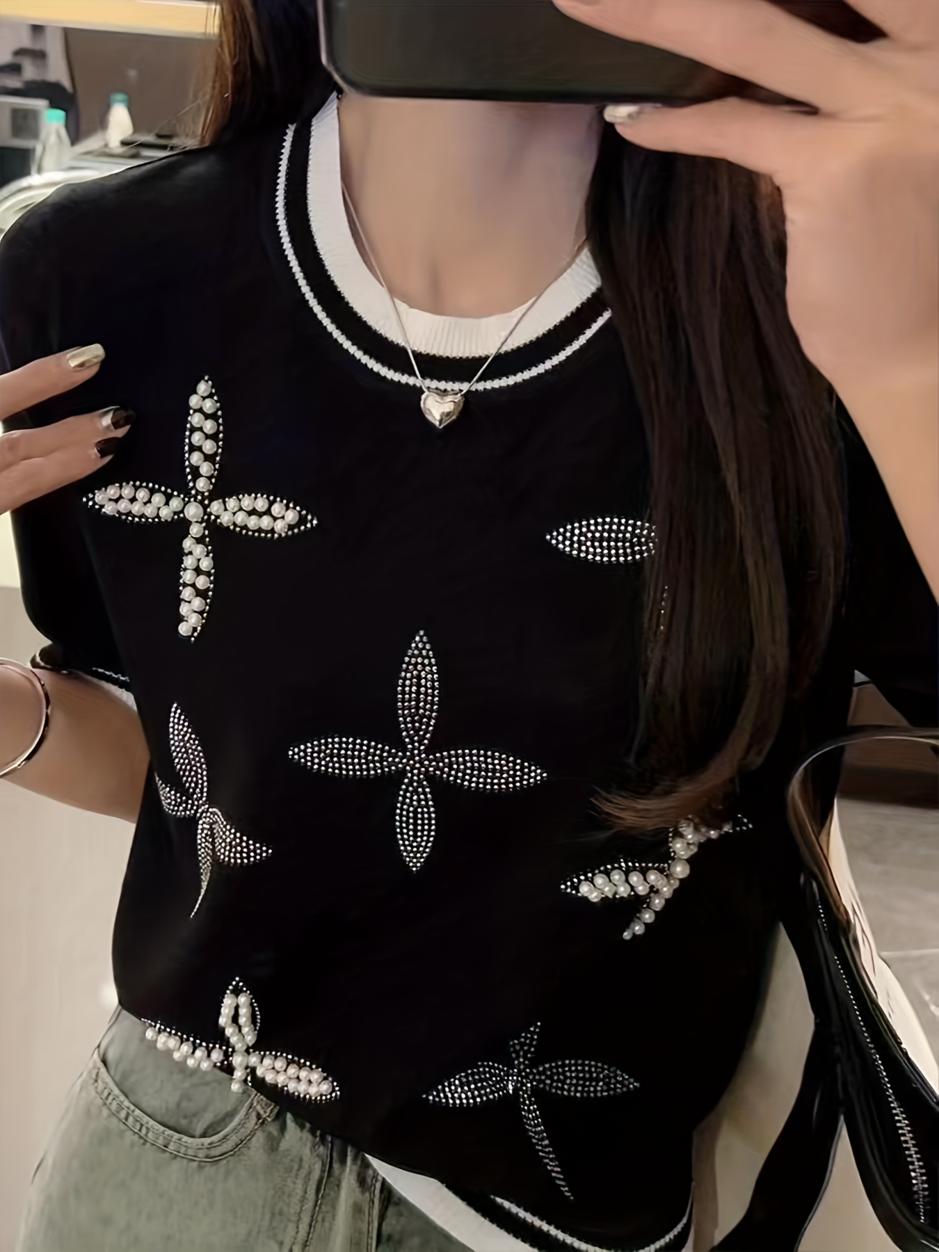 Beaded Rhinestone Crew Neck Knitted Top, Casual Short Sleeve