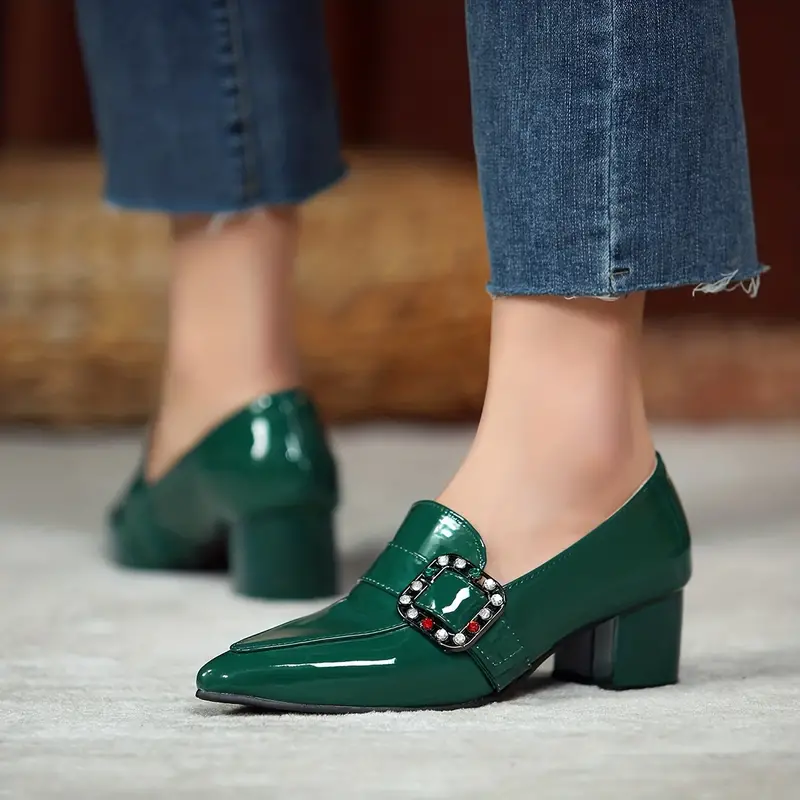 womens rhinestone decor chunky heels comfortable pointed toe slip on shoes womens fashion heels details 3