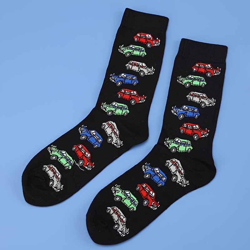 

1 Pair Of Men's Novelty Cartoon Car Pattern Crew Socks, Breathable Cotton Blend Comfy Casual Unisex Socks For Men's Outdoor Wearing All Seasons Wearing