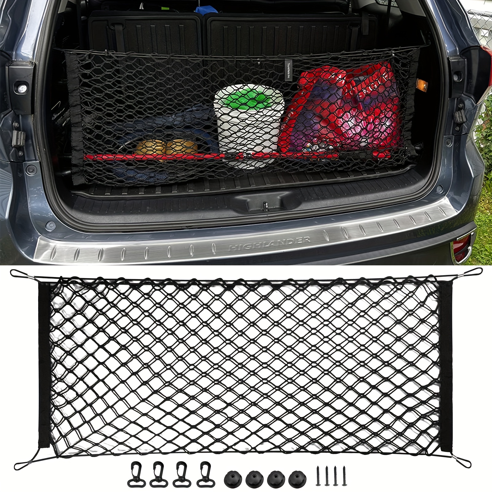  Red de carga organizadora de cama para maletero, red de  almacenamiento de malla con 4 ganchos de metal, red de carga resistente de  43.3 x 11.8 pulgadas para SUV, automóvil, Toyota