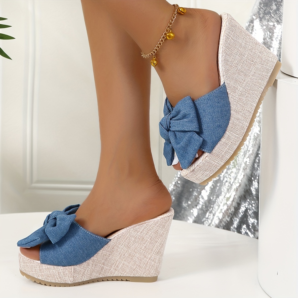 Women's Denim Knot Wedge Sandals, Fashion Peep Toe Ankle Strap