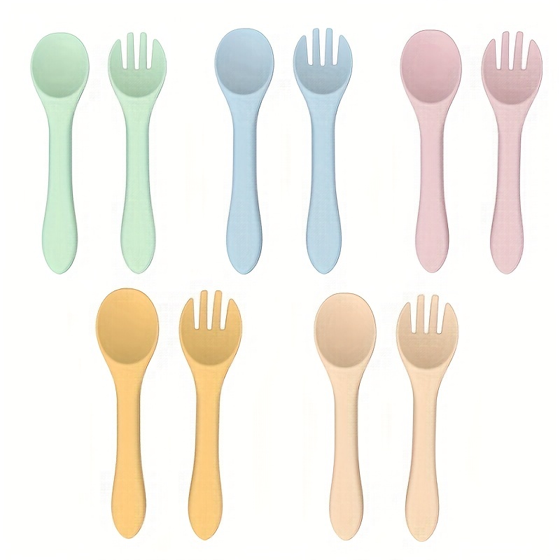 Bpa Free Infant Kids Wooden Handle Fork Set Silicone Baby Spoon