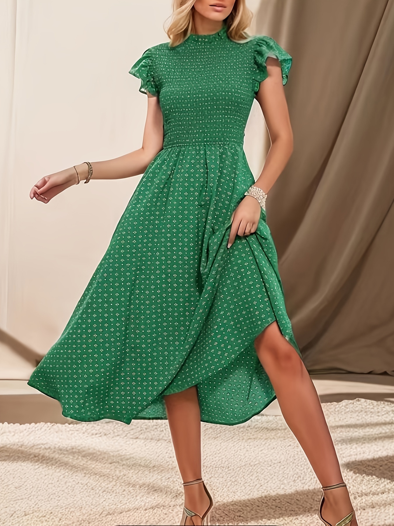 Elegant Jacquard A Line Dress, Casual Long Sleeve Solid Spring & Summer  Swing Dresses, Women's Clothing