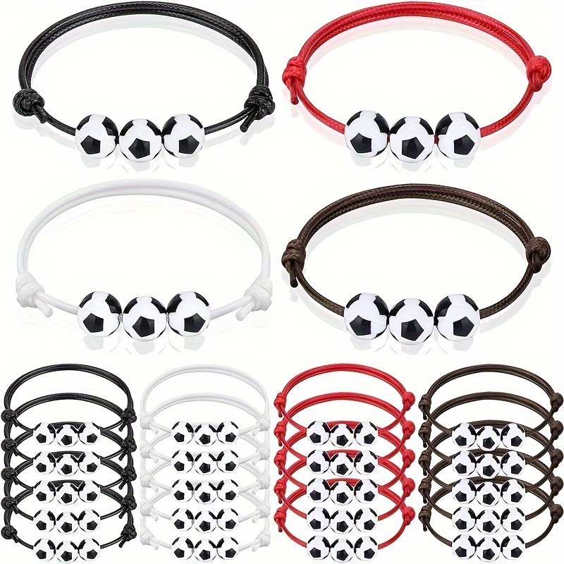 

20-piece Soccer Charm Bracelets - Adjustable, Sporty Wristbands With Football Beads In Black, White, Red & Brown - Perfect For Sports Fans & Team Gatherings