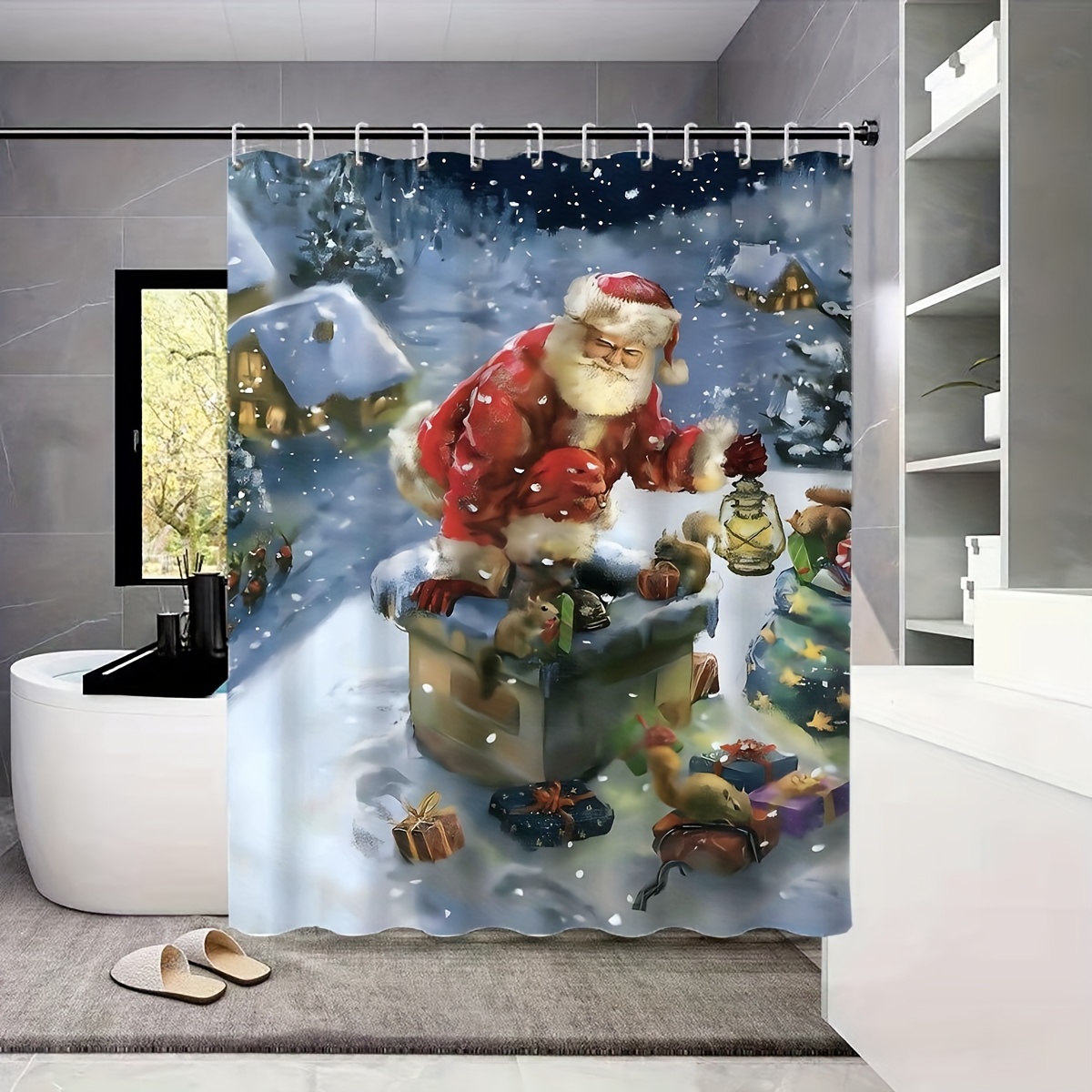 Santa On Sled Pattern Bathroom Set, Waterproof Mildew Resistant Shower  Curtain With 12 Plastic Hooks, Non-slip Bathroom Floor Mat, Toilet U-shaped  Mat, Toilet Lid Mat, Bathroom Christmas Decorations, Bathroom Accessories -  Temu