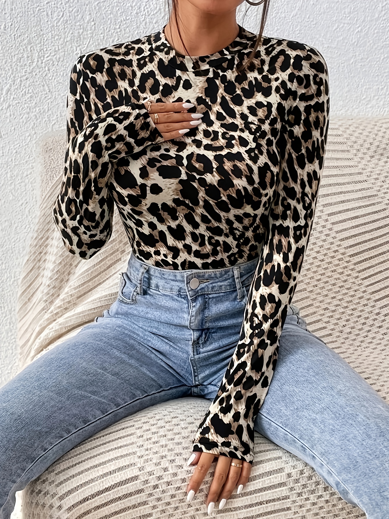 Leopard Print Sheer Mesh Bodysuit Casual Long Sleeve Cut - Temu Canada