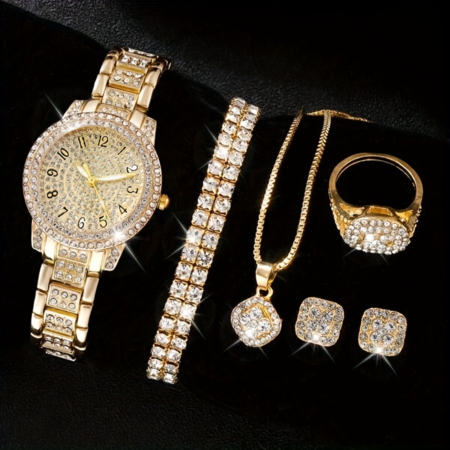 

Luxury Rhinestone Quartz Watch Hiphop Fashion Analog Wrist Watch & 5pcs Jewelry Set, Gift For Women Her