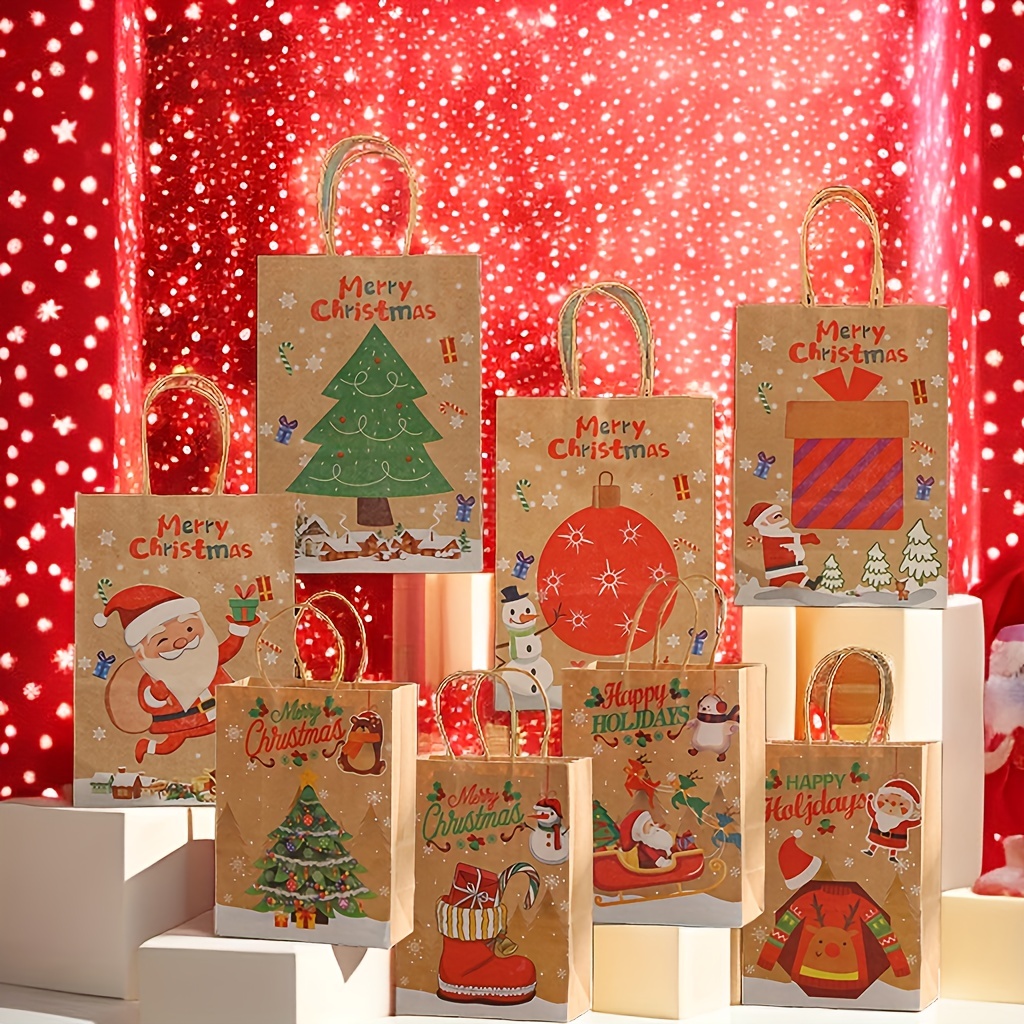 8 Bolsas De Regalo De Navidad, 8 Diseños De Bolsas De Papel Kraft  Navideñas, 8.3x5.9x3.1 Pulgadas Con Asas Bolsas De Regalo De Navidad,  Adecuadas Para