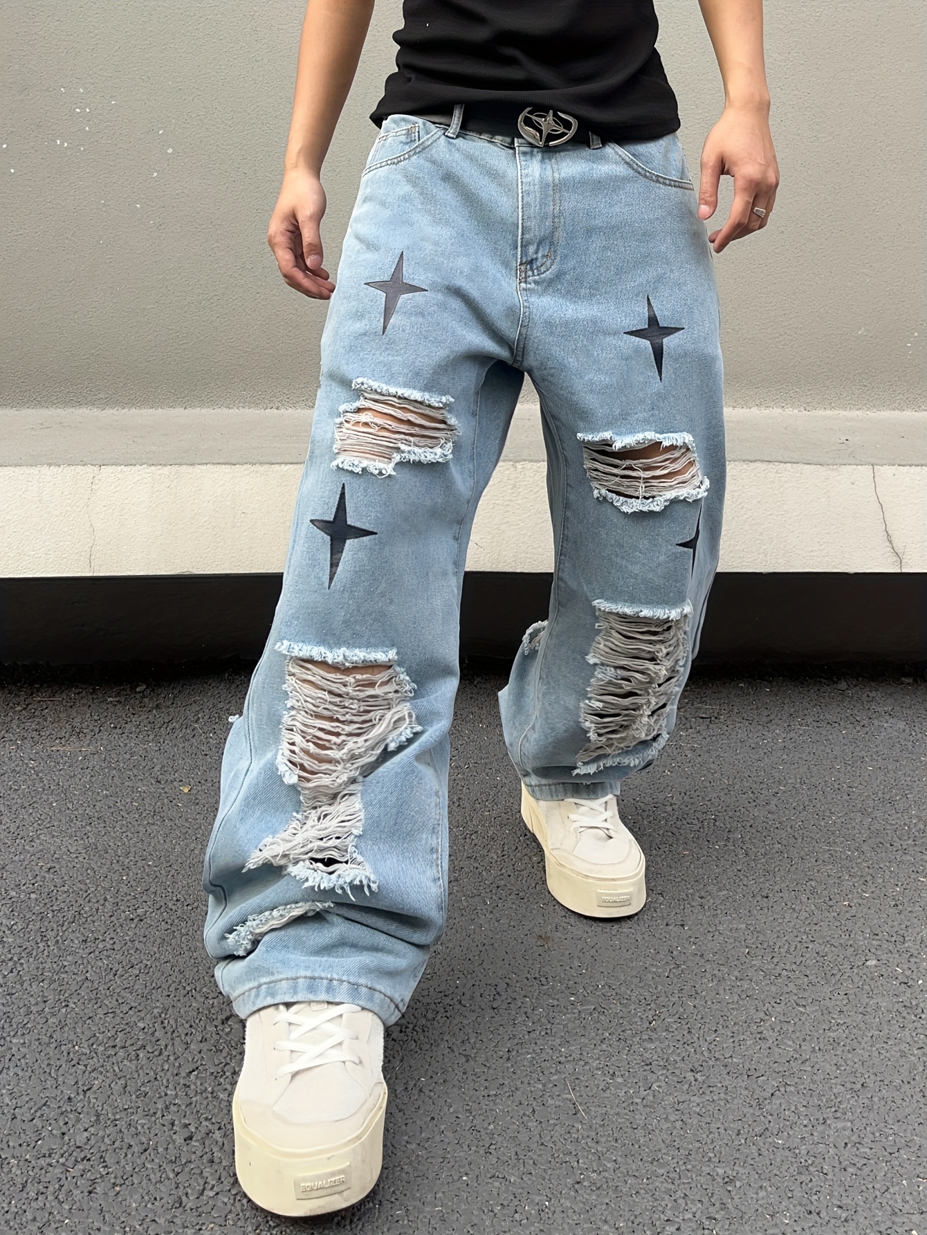 Baggy Ripped Cotton Jeans Men's Casual Street Style - Temu Canada