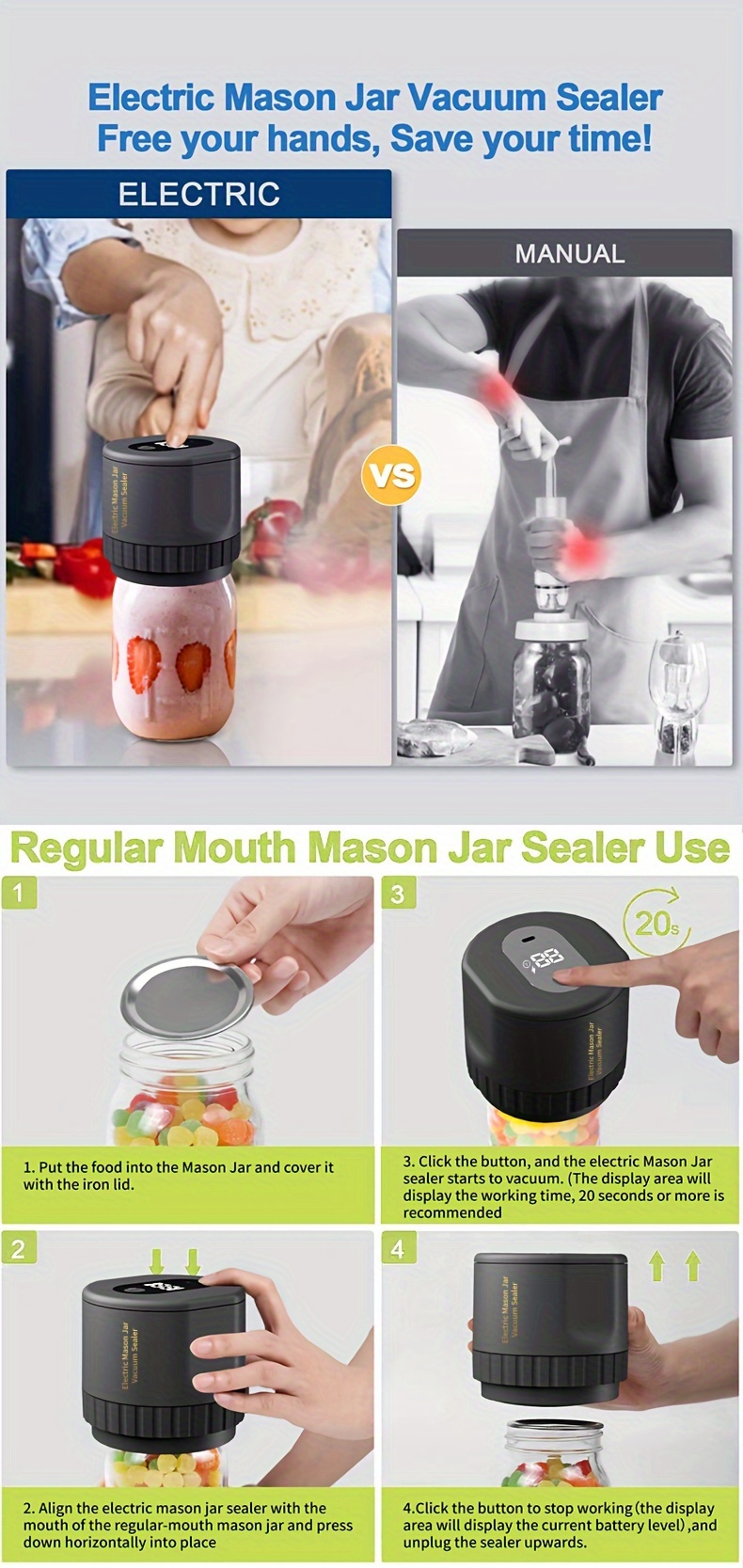 electric mason jars vacuum sealer for canned jars suitable for wide mouth and regular mouth mason jars for storing dry food including 5 wide mouth and 5 regular mouth mason jar lids black details 4