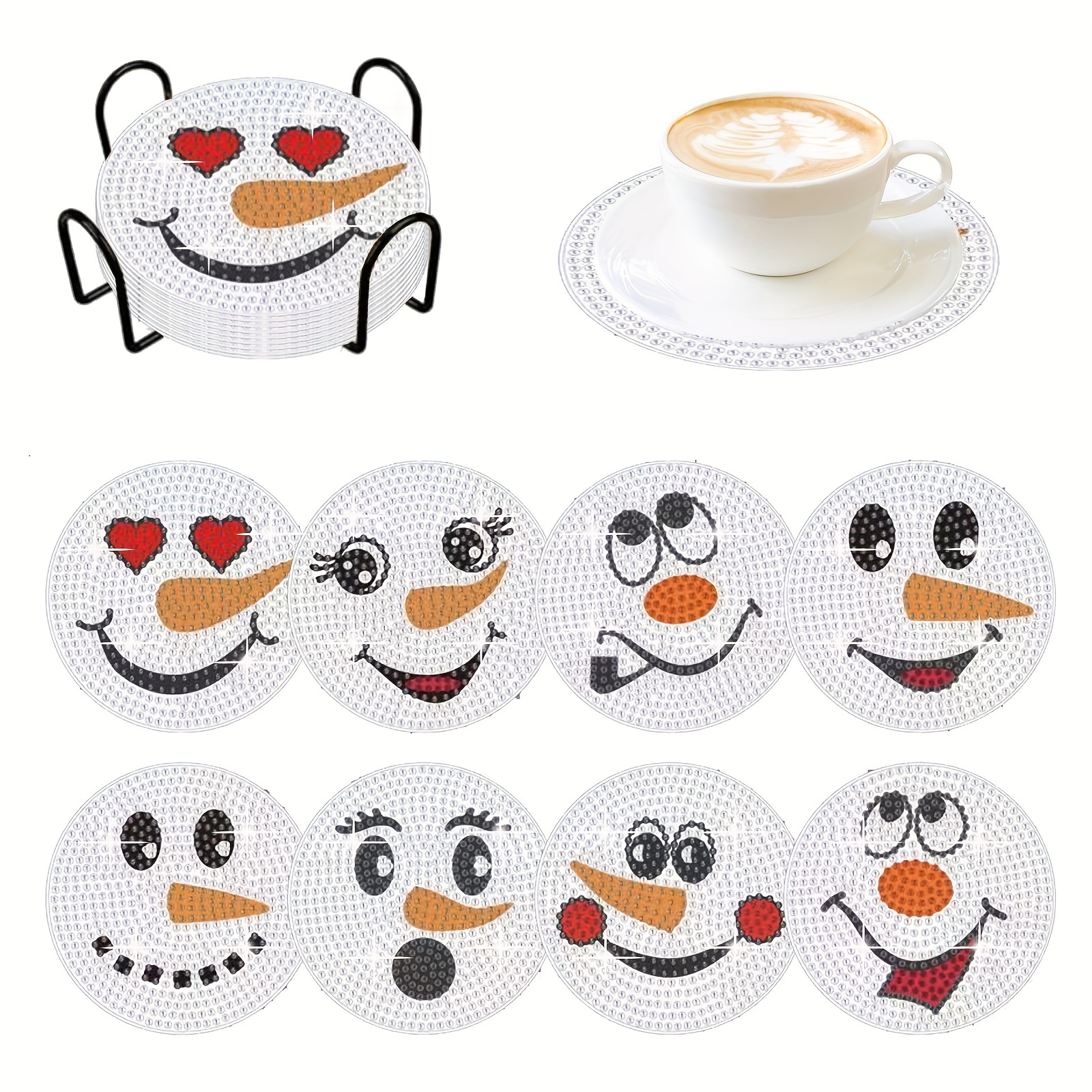 Snowman Face Diamond Art Coasters Kits With Holder Diy - Temu