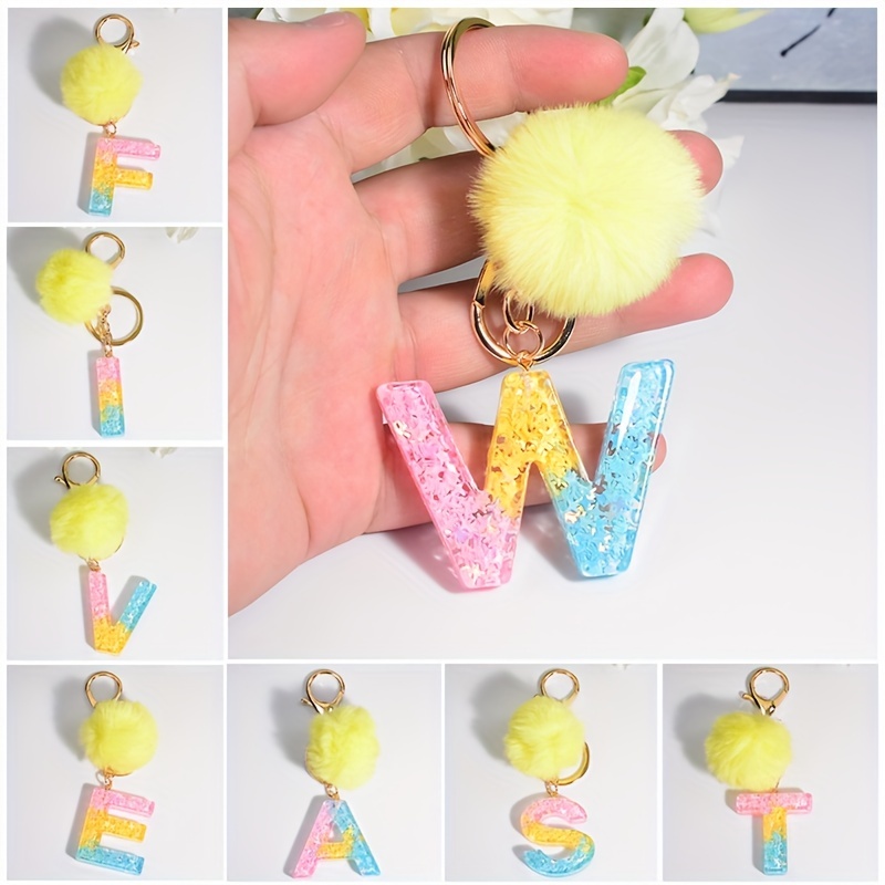 Acrylic Letter/Initial Pink Pom Pom and Heart Glitter Filled Keychain/Bag  Charm