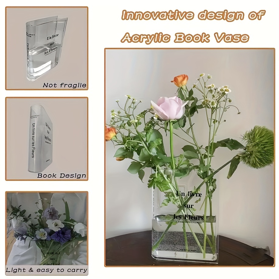 Modern Clear Book Vase with Cleaning Tools Acrylic Flower Vase
