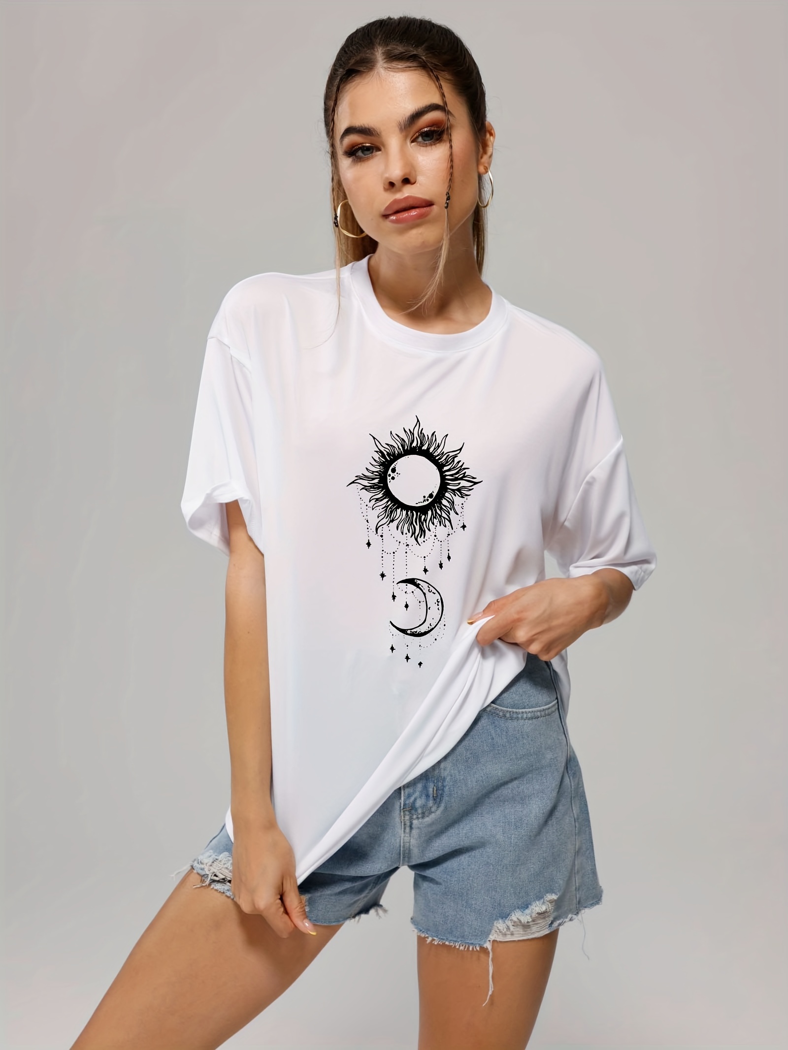 Casual Short Sleeve Slight Stretch T shirts Sun Moon Print O - Temu