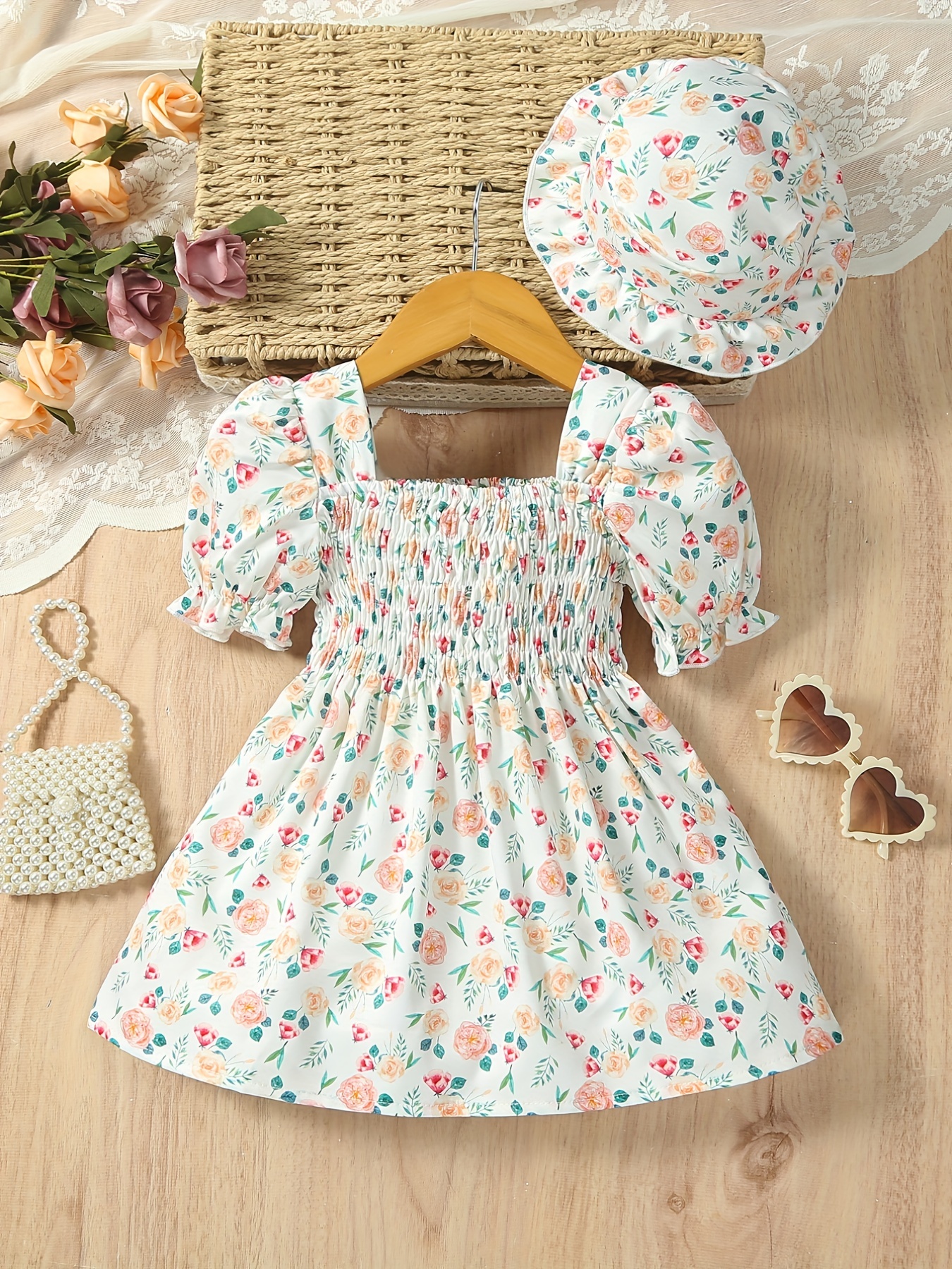 Cute Dress Girls Ruffle Trim Shirred Puffy Floral Dress - Temu