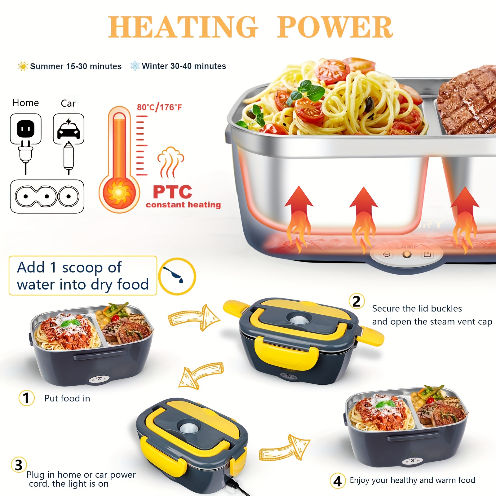 Fiambrera eléctrica, calentador de alimentos 12 V, 24 V, 110 V, 80 W más  rápido, caja de almuerzo calentada para automóvil/camión/hogar, cajas de