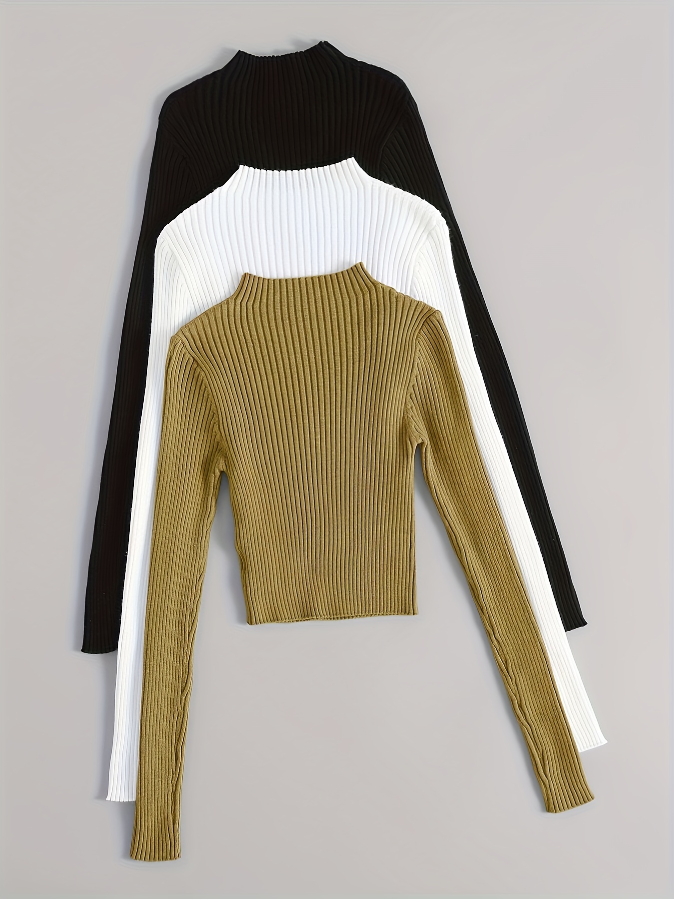 Solid Mock Neck Rib Knit Top Casual Long Sleeve Slim - Temu