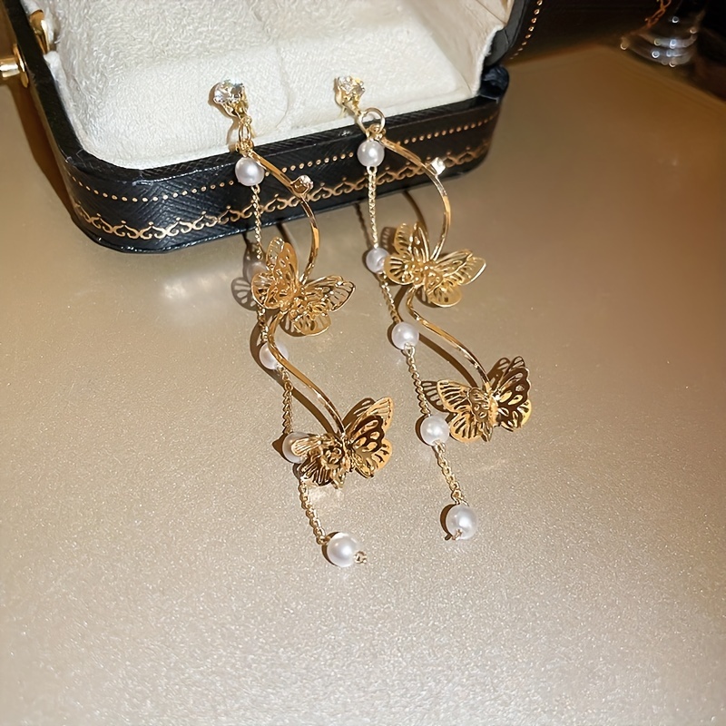 Butterfly Faux Pearl Stud Earrings with Long Tassel