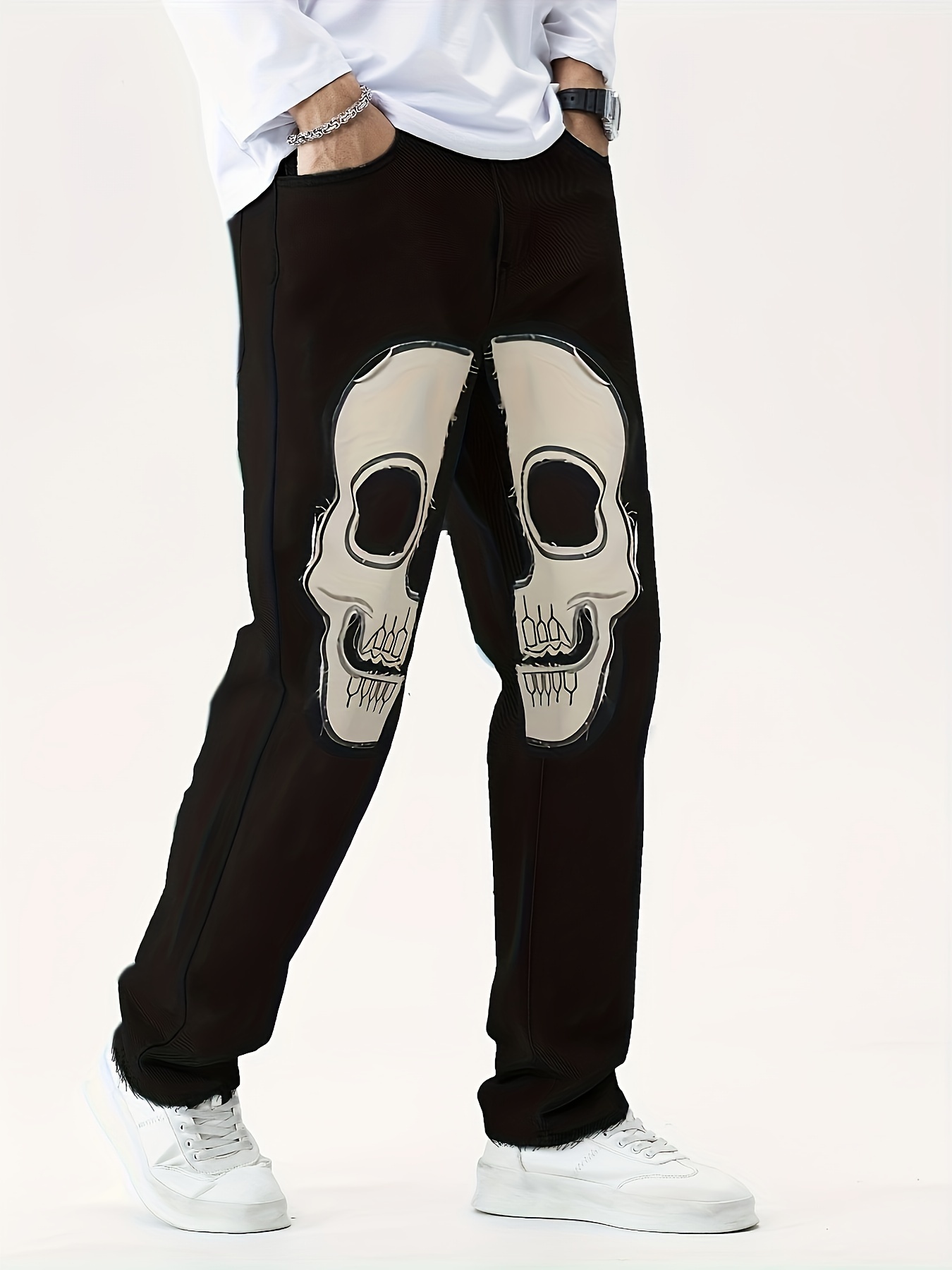 Women's Gothic Punk Jeans, Plus Size Skull Print Washed Blue Slash Pocket  Y2K 90s Baggy Denim Pants