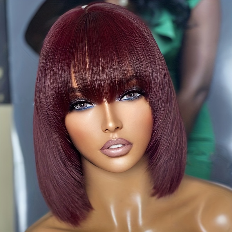 99J Full Machine Made Short Bob Wigs With Bangs For Women Burgundy Colored Brazilian Straight Human Hair Wigs No Lace Wig 180