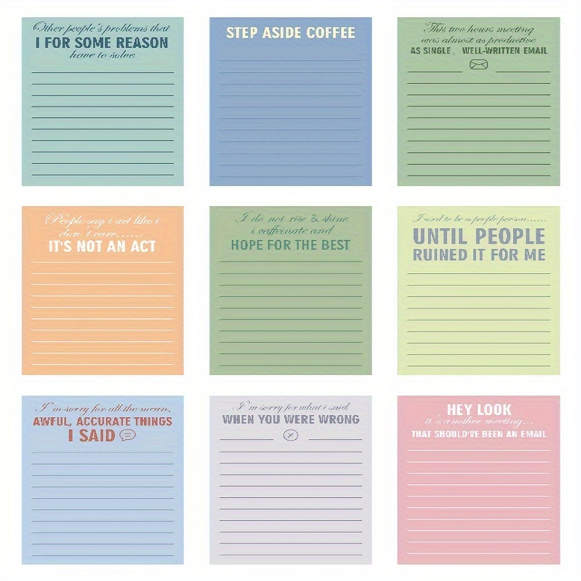 12 Snarky Sticky Notes with Funny Complaining Quotes - Vibrant 3 x 3 Inch  Memo Pads for Office Supplies and Colleagues (Stylish)